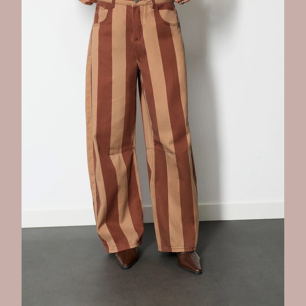 Brown / Tan Striped High Waist Wide Leg Denim Jeans